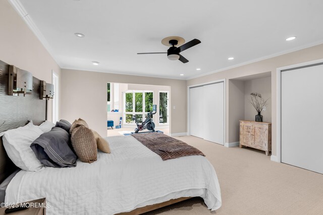 2627 Ramshorn Dr, Manasquan, NJ 08736 - bedroom with crown molding, carpet flooring, recessed lighting, ceiling fan, and multiple closets
