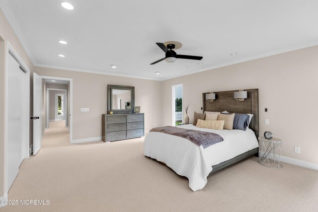 2627 Ramshorn Dr, Manasquan, NJ 08736 - bedroom with light colored carpet, recessed lighting, crown molding, and ceiling fan