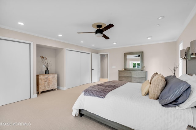 2627 Ramshorn Dr, Manasquan, NJ 08736 - bedroom featuring recessed lighting, light carpet, ornamental molding, and a ceiling fan