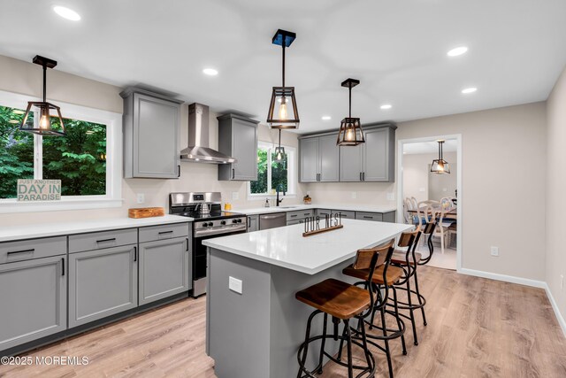 2627 Ramshorn Dr, Manasquan, NJ 08736 - kitchen featuring stainless steel appliances, gray cabinets, wall chimney range hood, a kitchen breakfast bar, and recessed lighting