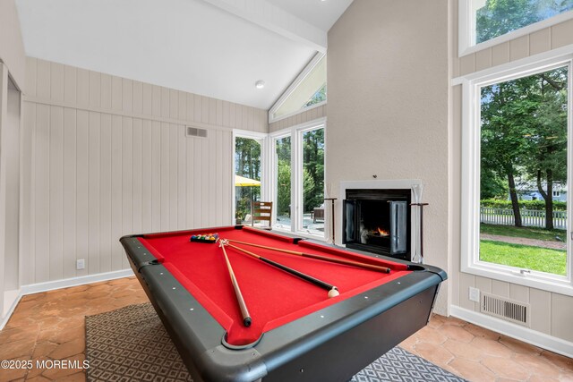 2627 Ramshorn Dr, Manasquan, NJ 08736 - recreation room featuring beam ceiling, pool table, a warm lit fireplace, and high vaulted ceiling