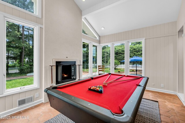 2627 Ramshorn Dr, Manasquan, NJ 08736 - playroom with billiards table, a glass covered fireplace, and high vaulted ceiling