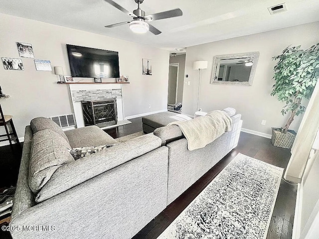 167 Frontier Way, Tinton Falls, NJ 07753 - living room featuring baseboards, ceiling fan, a fireplace, and wood finished floors