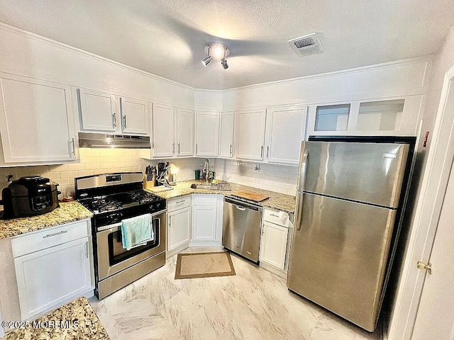 167 Frontier Way, Tinton Falls, NJ 07753 - kitchen featuring stainless steel appliances, under cabinet range hood, a sink, tasteful backsplash, and white cabinetry