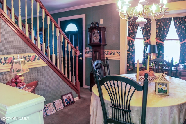 243 Main St, Port Monmouth, NJ 07758 - dining area with a chandelier, carpet floors, healthy amount of natural light, crown molding, and stairs