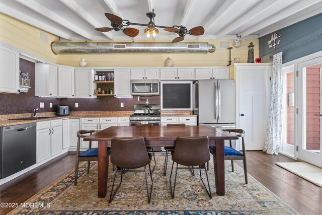 68 Gregg Dr, Beach Haven West, NJ 08050 - kitchen with appliances with stainless steel finishes, a ceiling fan, dark wood-style flooring, white cabinets, and open shelves