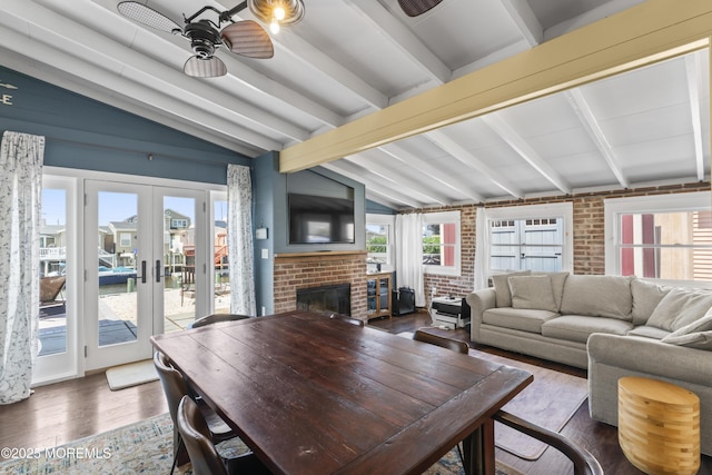 68 Gregg Dr, Beach Haven West, NJ 08050 - living area featuring ceiling fan, wood finished floors, french doors, a brick fireplace, and brick wall