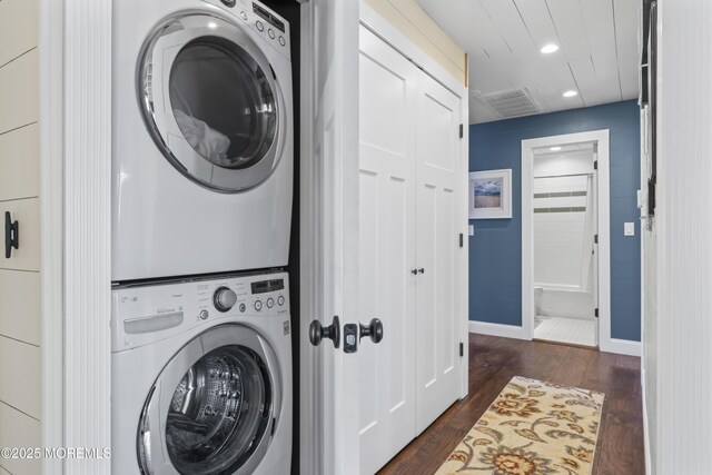 68 Gregg Dr, Beach Haven West, NJ 08050 - washroom with stacked washer and clothes dryer, dark wood-type flooring, recessed lighting, and baseboards
