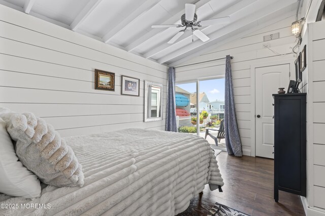 68 Gregg Dr, Beach Haven West, NJ 08050 - bedroom with access to outside, dark wood finished floors, and wood walls