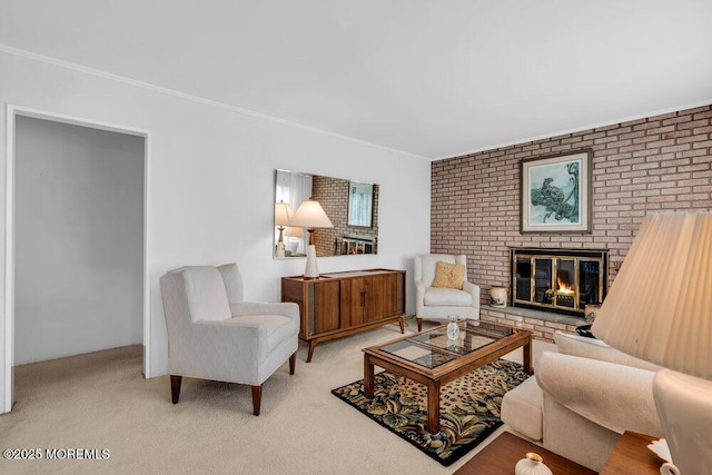 361 Meadowbrook Ave, Eatontown, NJ 07724 - living room featuring a brick fireplace, crown molding, light carpet, and brick wall