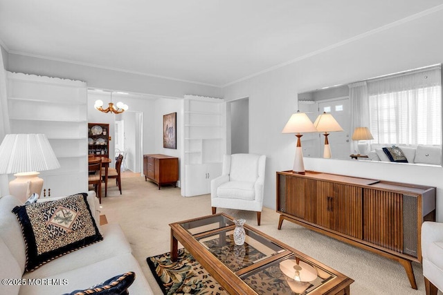 361 Meadowbrook Ave, Eatontown, NJ 07724 - living room featuring carpet flooring, a chandelier, and ornamental molding