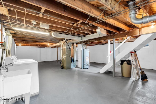 361 Meadowbrook Ave, Eatontown, NJ 07724 - unfinished basement featuring gas water heater, washer and dryer, heating unit, a sink, and stairway