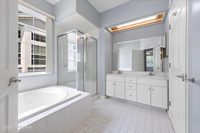 18 Valley Stream Pl, Barnegat, NJ 08005 - full bathroom with a shower stall, a bath, double vanity, and tile patterned flooring