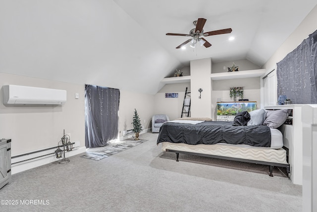 39 Colonial Ct, Jackson, NJ 08527 - bedroom with an AC wall unit, a baseboard heating unit, carpet flooring, lofted ceiling, and ceiling fan