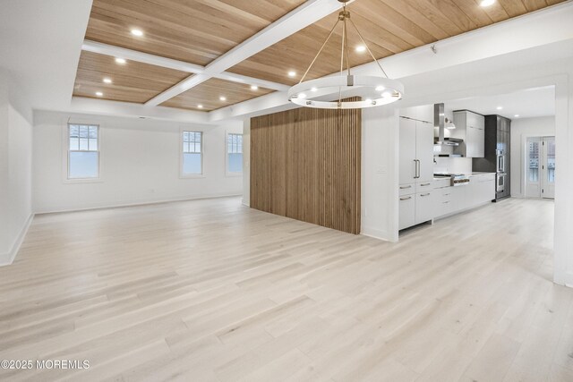 205 Edgemont Dr Unit 2, Loch Arbour Village, NJ 07711 - unfurnished living room with wood ceiling with exposed beams, light wood-type flooring, recessed lighting, a chandelier, and baseboards