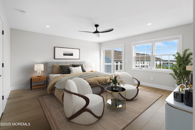 72 4th St, Highlands, NJ 07732 - bedroom with access to outside, baseboards, recessed lighting, light wood-style floors, and ceiling fan