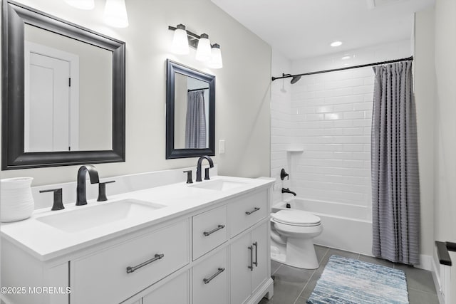 72 4th St, Highlands, NJ 07732 - full bath featuring double vanity, shower / bath combination with curtain, toilet, tile patterned floors, and recessed lighting