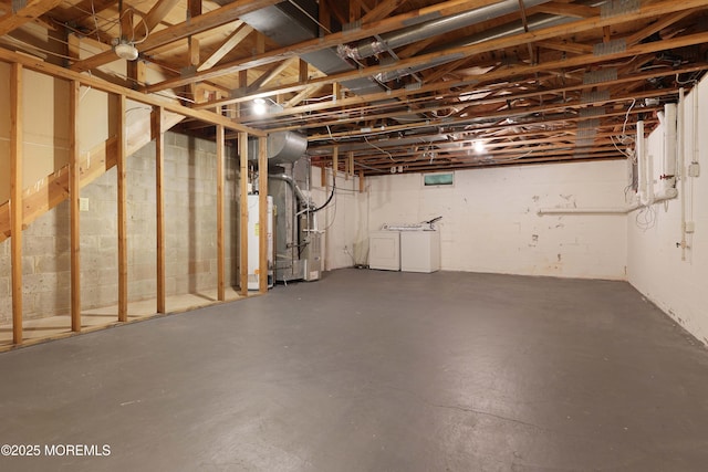 62 Cohasset Ct, Holmdel, NJ 07733 - unfinished below grade area with separate washer and dryer, gas water heater, concrete block wall, and heating unit