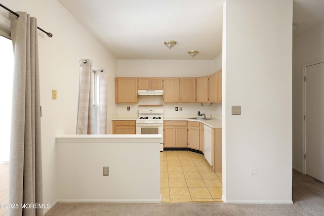 62 Cohasset Ct, Holmdel, NJ 07733 - kitchen featuring white appliances, light brown cabinets, under cabinet range hood, a sink, and light countertops