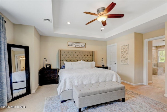 10 Unity Ct, Middletown, NJ 07748 - bedroom featuring light carpet, baseboards, recessed lighting, a tray ceiling, and a ceiling fan