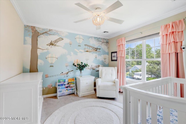10 Unity Ct, Middletown, NJ 07748 - bedroom with ornamental molding, a crib, carpet, baseboards, and ceiling fan