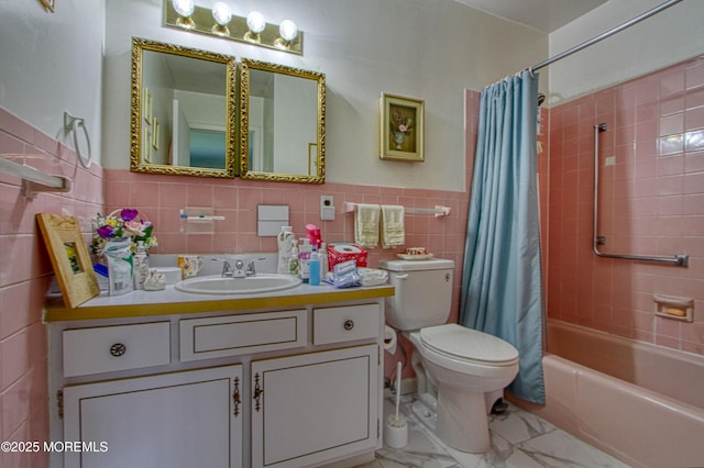186 Laurel Pl Unit B, Whiting, NJ 08759 - bathroom with tile walls, toilet, shower / bath combo, vanity, and marble look tile flooring