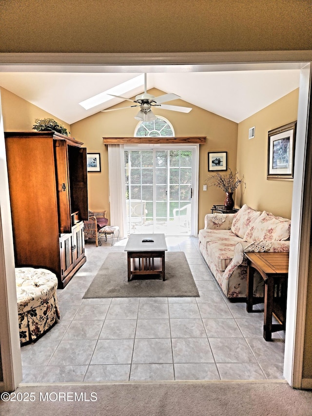 12 Skylark Ln, Lakewood, NJ 08701 - living room featuring ceiling fan, light tile patterned floors, and a skylight