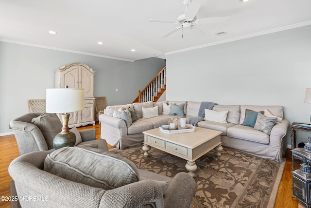 7 Brown Ave, Lavallette, NJ 08735 - living room with light wood-style floors, ornamental molding, a ceiling fan, recessed lighting, and stairs