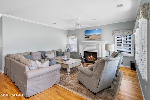 7 Brown Ave, Lavallette, NJ 08735 - living room featuring a glass covered fireplace, light wood-type flooring, ceiling fan, ornamental molding, and baseboards