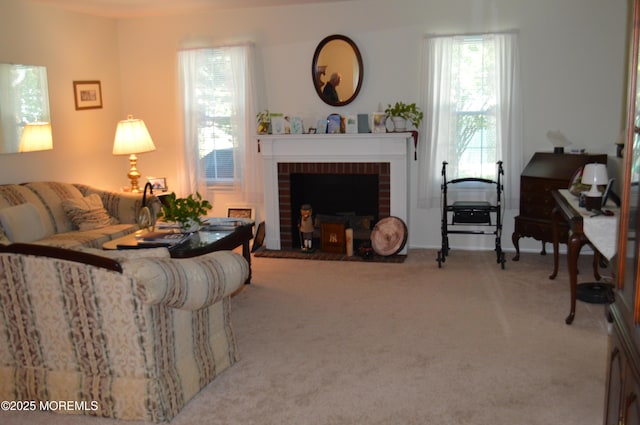 38 Sheffield Dr, Forked River, NJ 08731 - carpeted living area featuring a brick fireplace