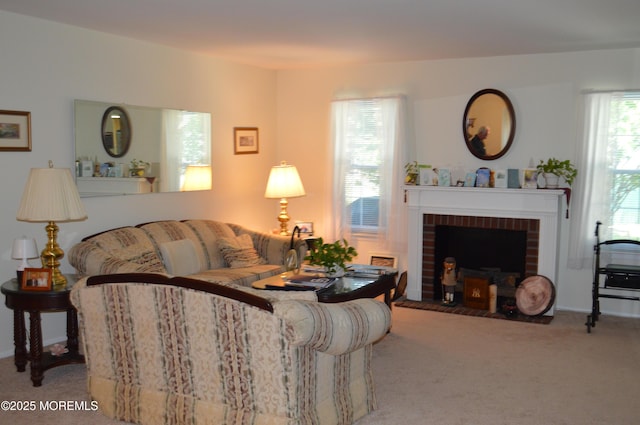 38 Sheffield Dr, Forked River, NJ 08731 - living room with carpet and a brick fireplace