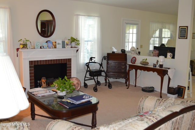 38 Sheffield Dr, Forked River, NJ 08731 - carpeted living area featuring a brick fireplace