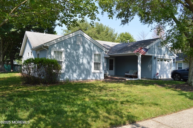 38 Sheffield Dr, Forked River, NJ 08731 - ranch-style home with an attached garage, a front lawn, and a shingled roof