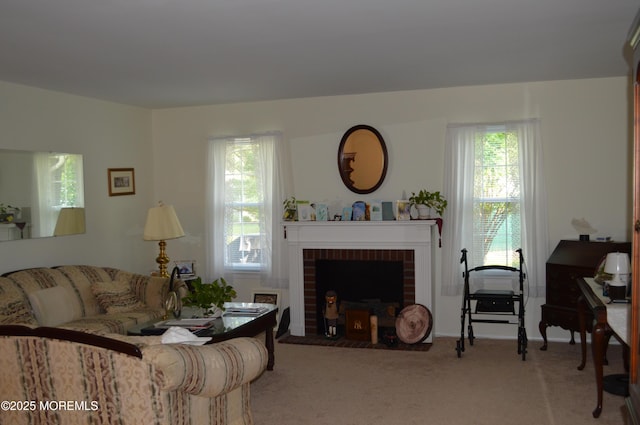 38 Sheffield Dr, Forked River, NJ 08731 - carpeted living area featuring a brick fireplace