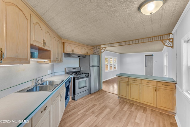 23 Southwind Cir, Jackson, NJ 08527 - kitchen with stainless steel appliances, an ornate ceiling, light brown cabinetry, under cabinet range hood, and a sink
