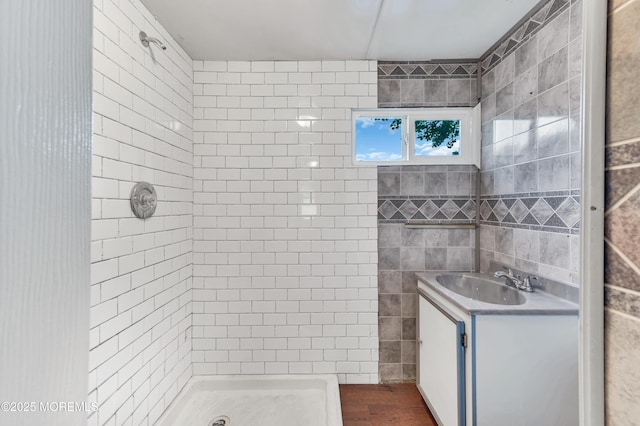 23 Southwind Cir, Jackson, NJ 08527 - bathroom featuring a stall shower, vanity, tile walls, and wood finished floors