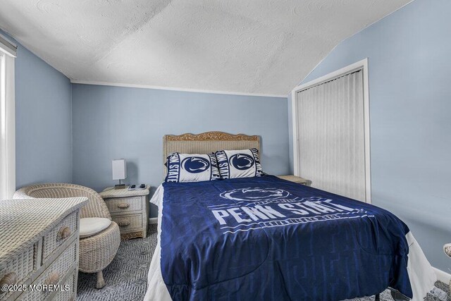 1208 Pine Tree Way, Belmar, NJ 07719 - bedroom featuring carpet, a textured ceiling, lofted ceiling, and a closet