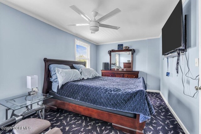 1208 Pine Tree Way, Belmar, NJ 07719 - carpeted bedroom with ornamental molding, baseboards, and a ceiling fan