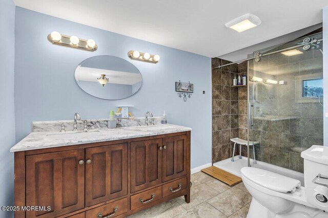 1208 Pine Tree Way, Belmar, NJ 07719 - bathroom with toilet, a tile shower, double vanity, tile patterned floors, and baseboards