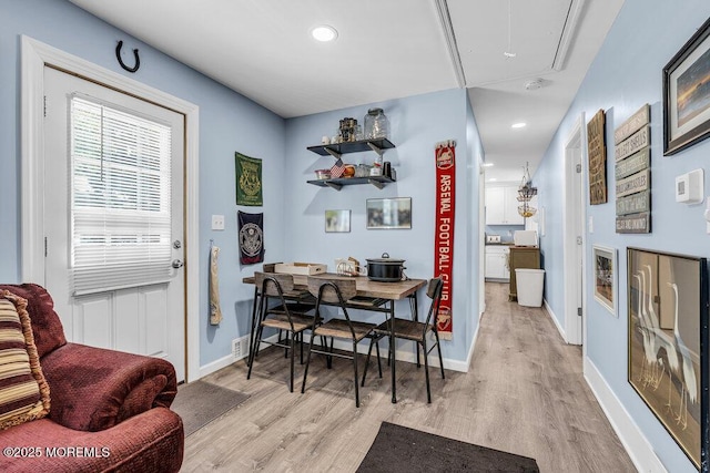 1208 Pine Tree Way, Belmar, NJ 07719 - dining area with attic access, light wood finished floors, baseboards, and recessed lighting