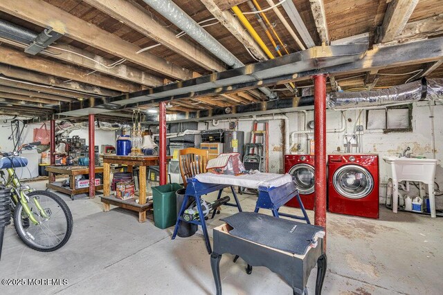 1208 Pine Tree Way, Belmar, NJ 07719 - unfinished basement featuring separate washer and dryer, a sink, and a workshop area