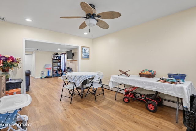 1920 W Lake Ave, Neptune Township, NJ 07753 - dining space featuring light wood finished floors, recessed lighting, ceiling fan, and a baseboard heating unit