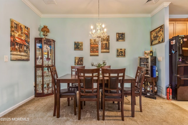 326 Sloan Ct, Matawan, NJ 07747 - dining area with light colored carpet, a chandelier, and ornamental molding