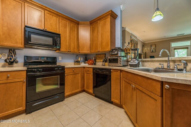 326 Sloan Ct, Matawan, NJ 07747 - kitchen featuring black appliances, light countertops, brown cabinets, and ornamental molding
