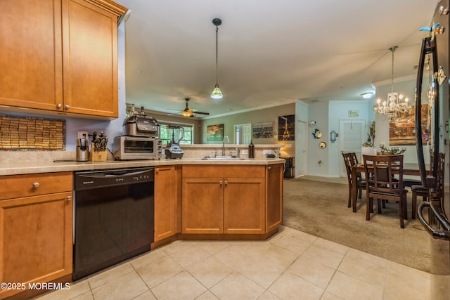 326 Sloan Ct, Matawan, NJ 07747 - kitchen featuring dishwasher, a peninsula, light carpet, crown molding, and brown cabinetry