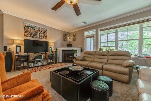 326 Sloan Ct, Matawan, NJ 07747 - carpeted living area featuring ornamental molding, ceiling fan, healthy amount of natural light, and a glass covered fireplace