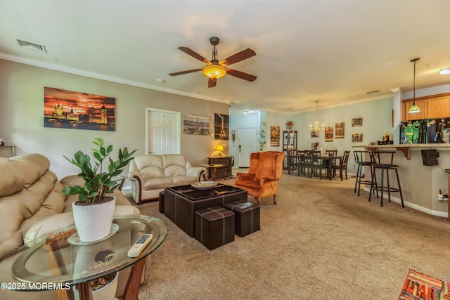 326 Sloan Ct, Matawan, NJ 07747 - living room with ceiling fan, crown molding, and carpet flooring
