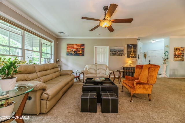 326 Sloan Ct, Matawan, NJ 07747 - carpeted living area with crown molding and a ceiling fan