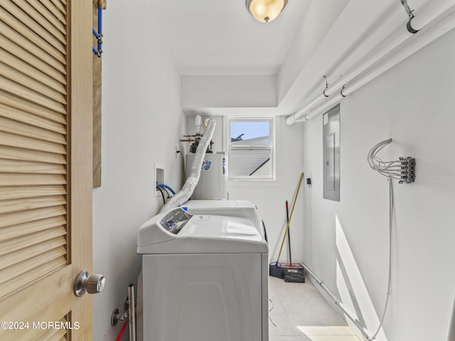 305 Franklin Ave, Seaside Heights, NJ 08751 - laundry area featuring washer and clothes dryer, electric water heater, light tile patterned floors, and electric panel