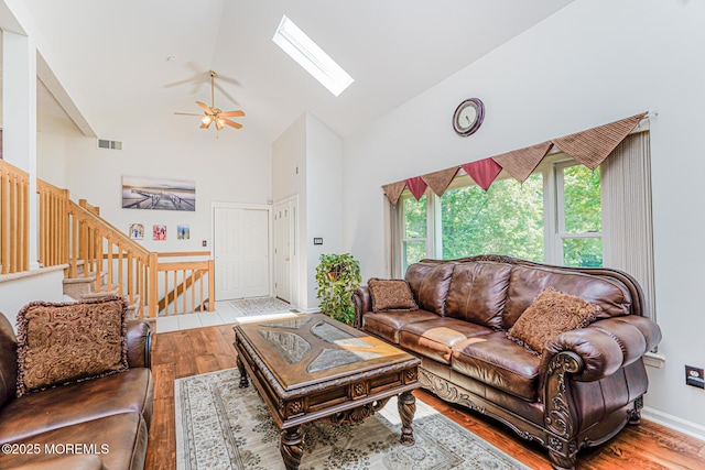 35 High Ridge Rd, Ocean Twp, NJ 07712 - living area with wood finished floors, high vaulted ceiling, a skylight, a ceiling fan, and stairway